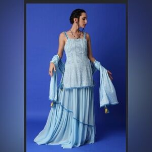 Elegant Blue Embroidered Kurta Lehenga